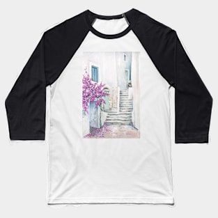 Mediterranean street with bouganville oil painting Baseball T-Shirt